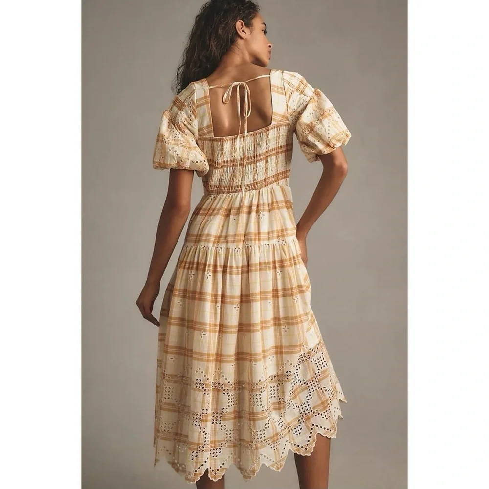 Anthropologie Puff-Sleeve Eyelet Midi Dress Size Large Smocked Plaid Yellow - Picture 4 of 17